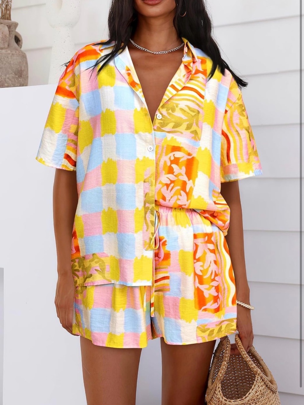 2 Piece Summer Multi-Color Printed Short Set - Yellow Mix